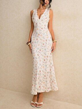 Women's Ditsy Floral Contrast Lace V-Neck Sleeveless Fitted Mermaid Hem Dress